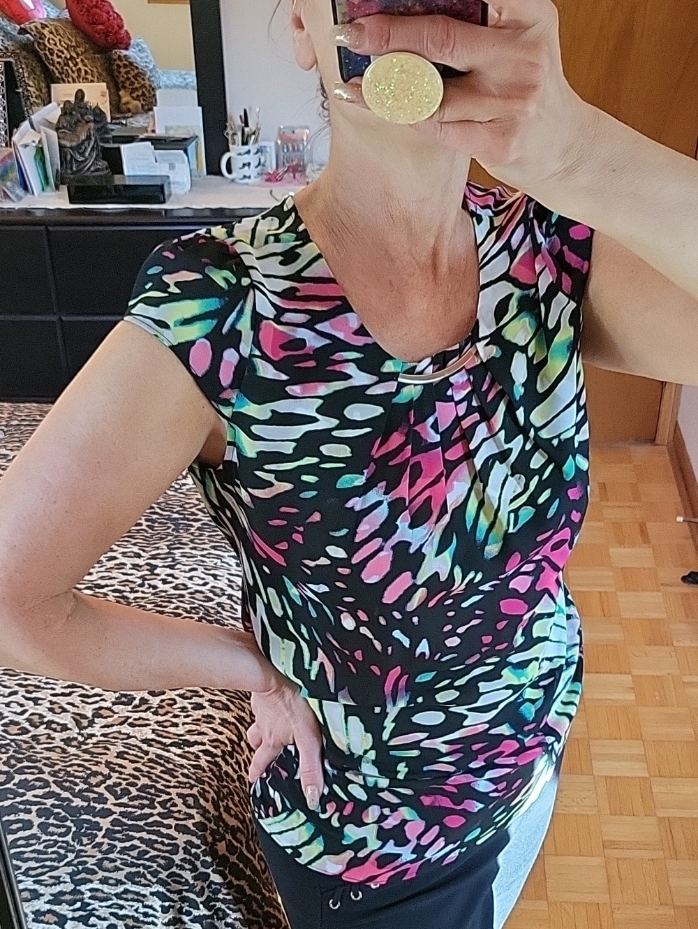 NEW! Worthington Black & Multicolor AbstractPrint Cap-Sleeve Blouse, Gold Accent